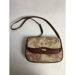 Vintage Cottagecore Liz Claiborne Womens Small Tan Floral Tapestry Crossbody Bag